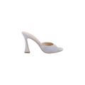 The Avery Suede Open-Toe Mule is a light gray high-heeled mule with a single wide strap, open toe, and sculpted stiletto heel. Shown on a plain white background, it features a comfortable memory foam insole for added support.