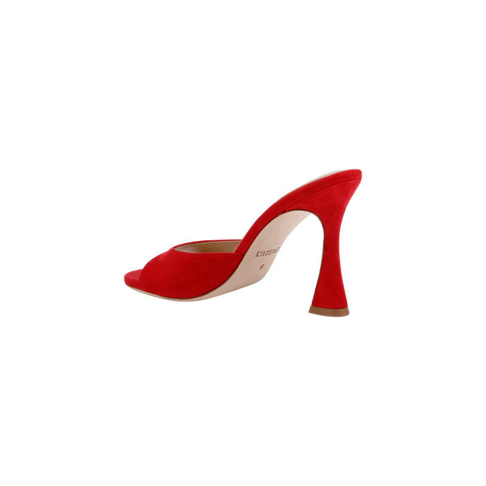 Avery Suede Open-Toe Mule in red suede, shown from the side against a white background, features a flared sculpted heel and a comfortable memory foam insole.