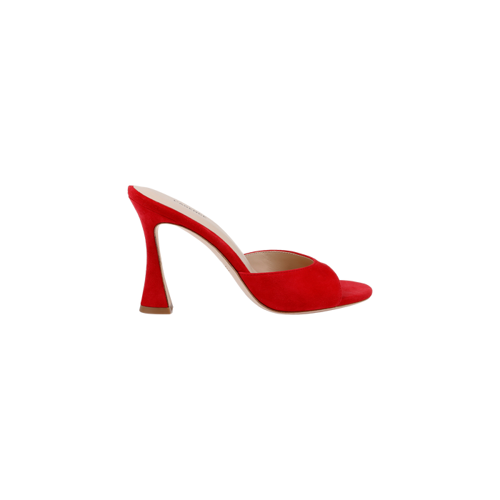 The Avery Suede Open-Toe Mule is a single red suede mule with an open toe, a sculpted stiletto heel, and a memory foam insole, displayed on a plain white background.
