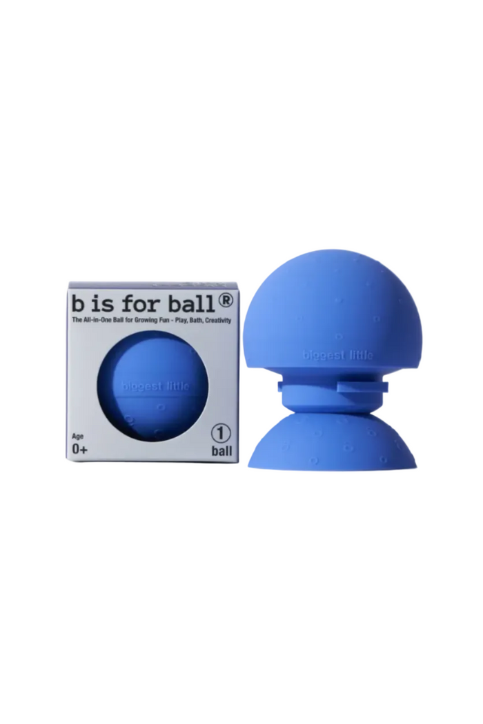 Blue ball with packaging labeled 'b is for ball' on a white background