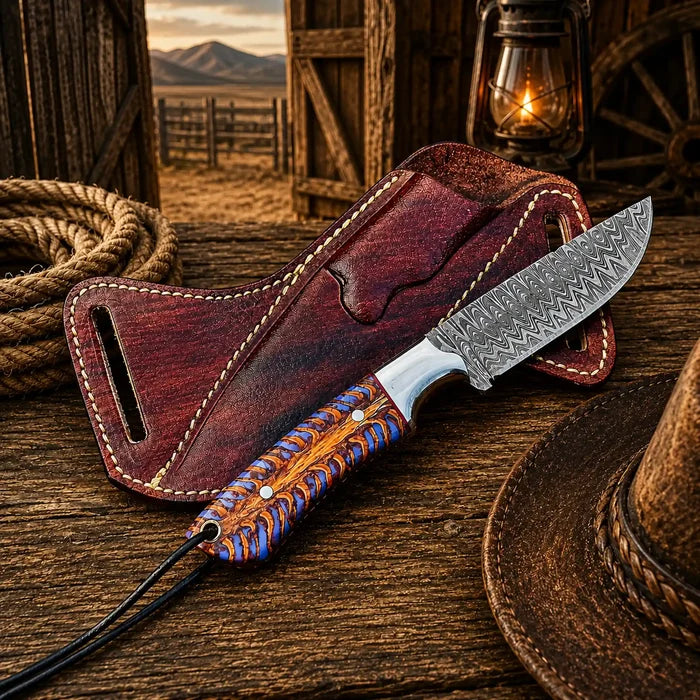 Back Belt Sheath Knife – 4" Damascus Steel Pinecone Handle cskforged