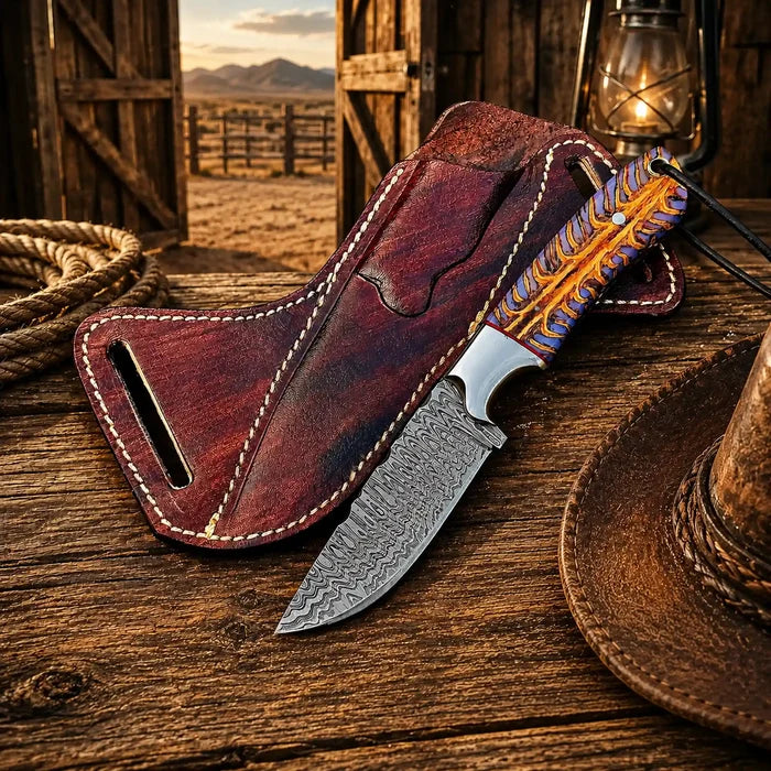 Back Belt Sheath Knife – 4" Damascus Steel Pinecone Handle cskforged