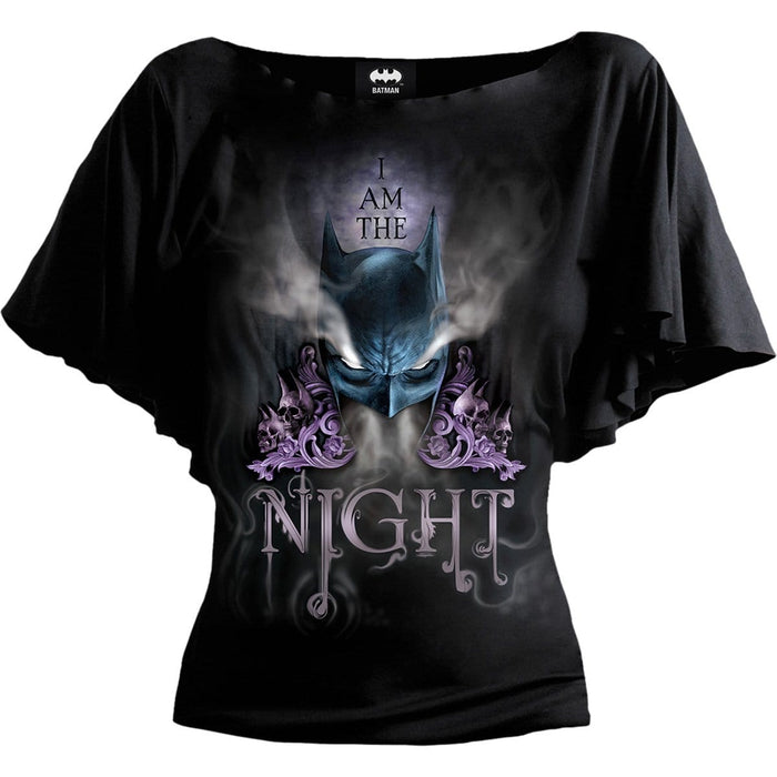 BATMAN - I AM THE NIGHT - Boat Neck Bat Sleeve Top Black Spiral USA