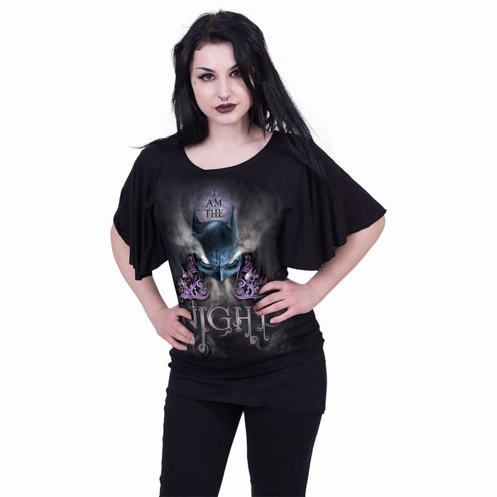 BATMAN - I AM THE NIGHT - Boat Neck Bat Sleeve Top Black Spiral USA