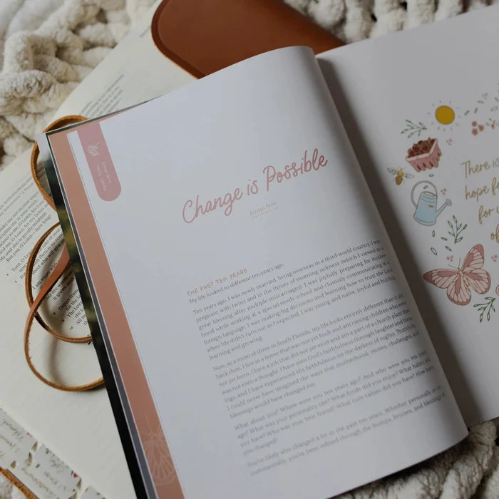 Be Still Issue 36 Magazine opened to the Change is possible page laying on an open bible on a white knitted blanket