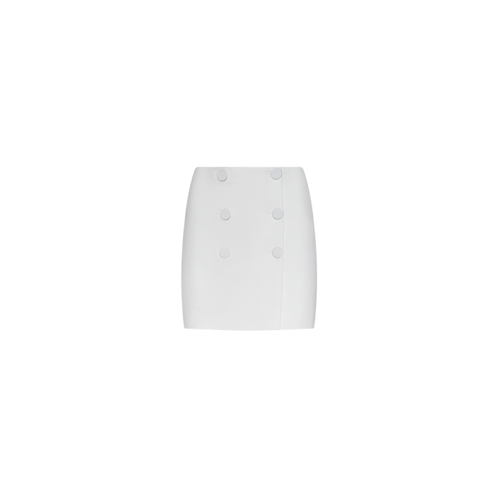 The Beah Mini Skirt is a white, high-waisted, tailored mini skirt made from stretch suiting fabric, featuring two rows of large buttons down the front and showcased on a plain white background.