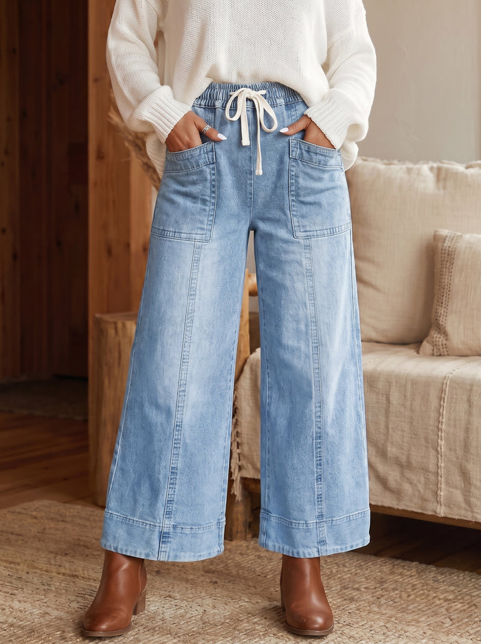 Beau Blue Drawstring Waist Wide Leg Ankle Length Jeans Shewin