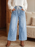 Beau Blue Drawstring Waist Wide Leg Ankle Length Jeans Shewin