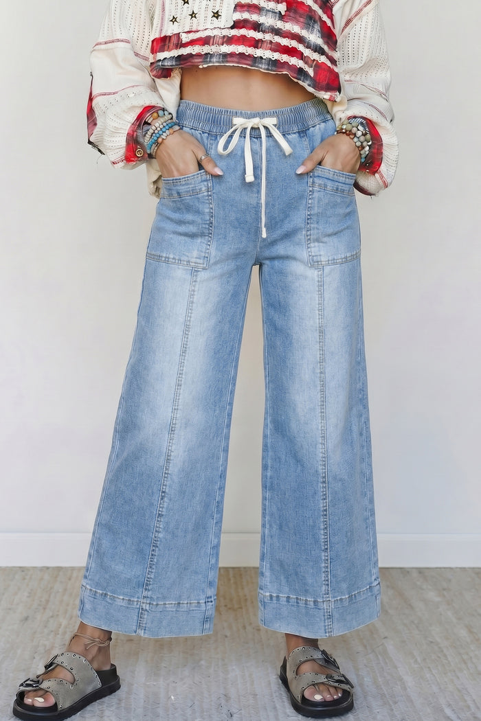 Beau Blue Drawstring Waist Wide Leg Ankle Length Jeans Shewin