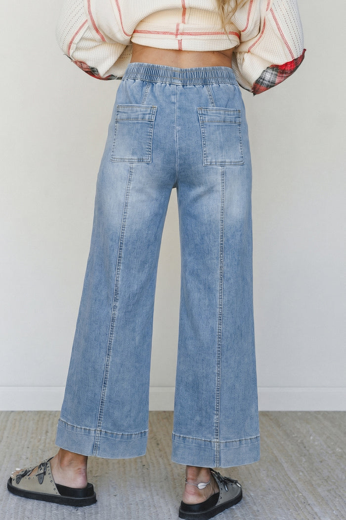 Beau Blue Drawstring Waist Wide Leg Ankle Length Jeans Shewin