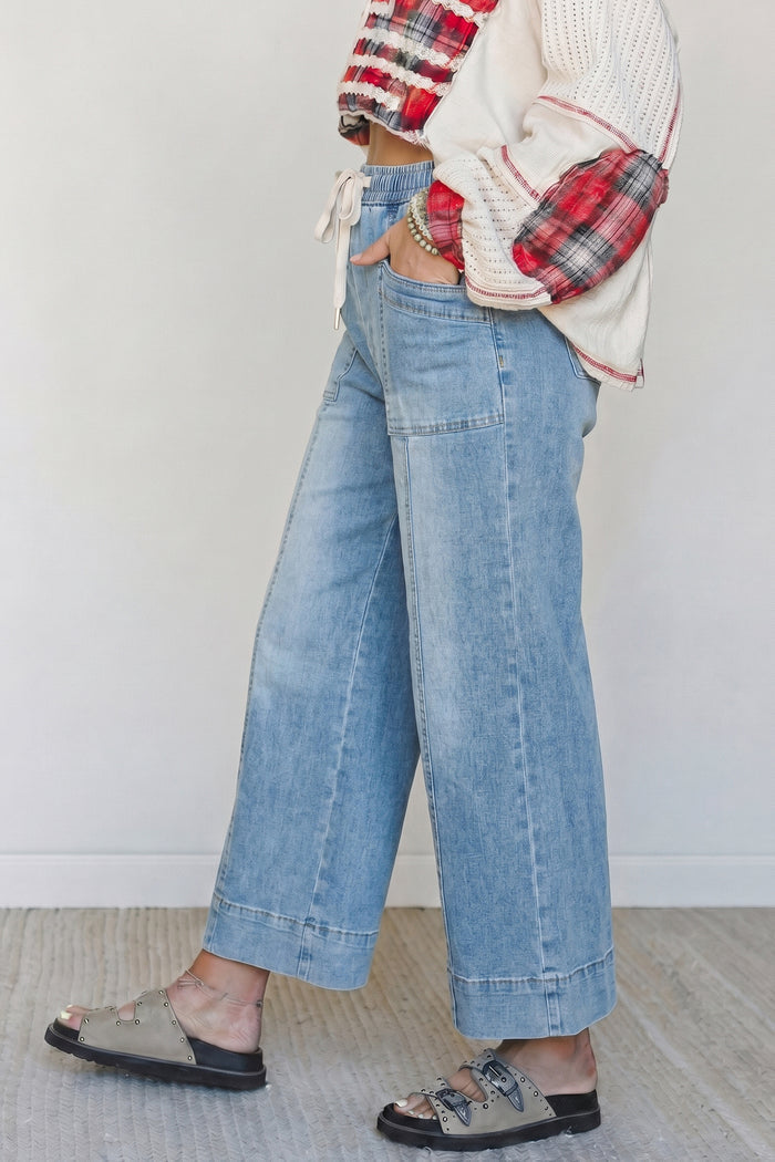 Beau Blue Drawstring Waist Wide Leg Ankle Length Jeans Shewin
