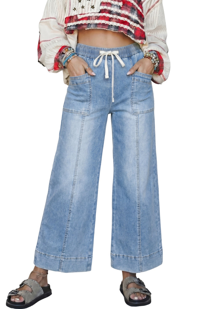 Beau Blue Drawstring Waist Wide Leg Ankle Length Jeans Shewin