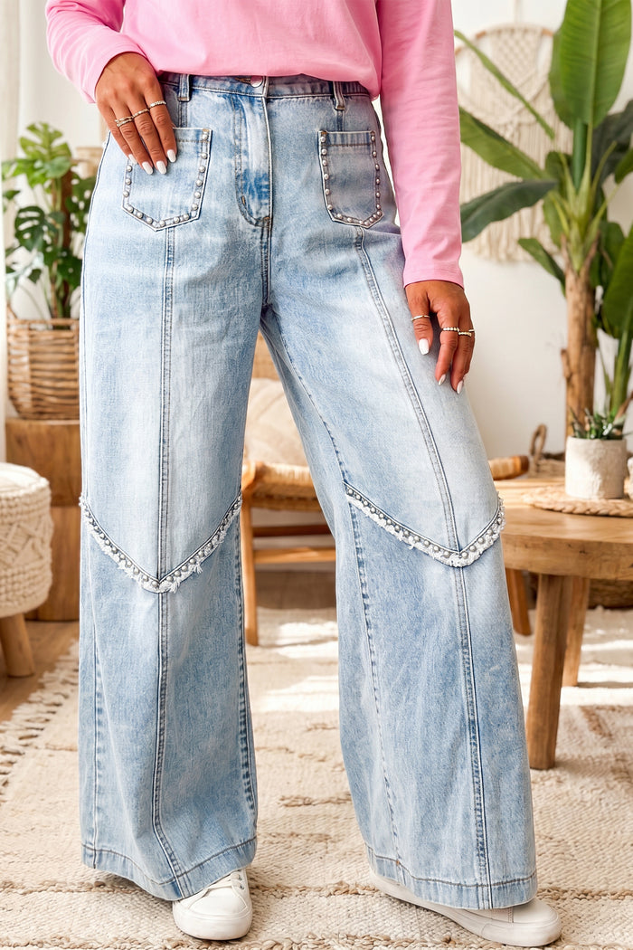 Beau Blue Frayed Studded Detail Wide Leg Pocketed Jeans Shewin