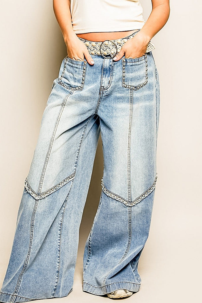 Beau Blue Frayed Studded Detail Wide Leg Pocketed Jeans Shewin