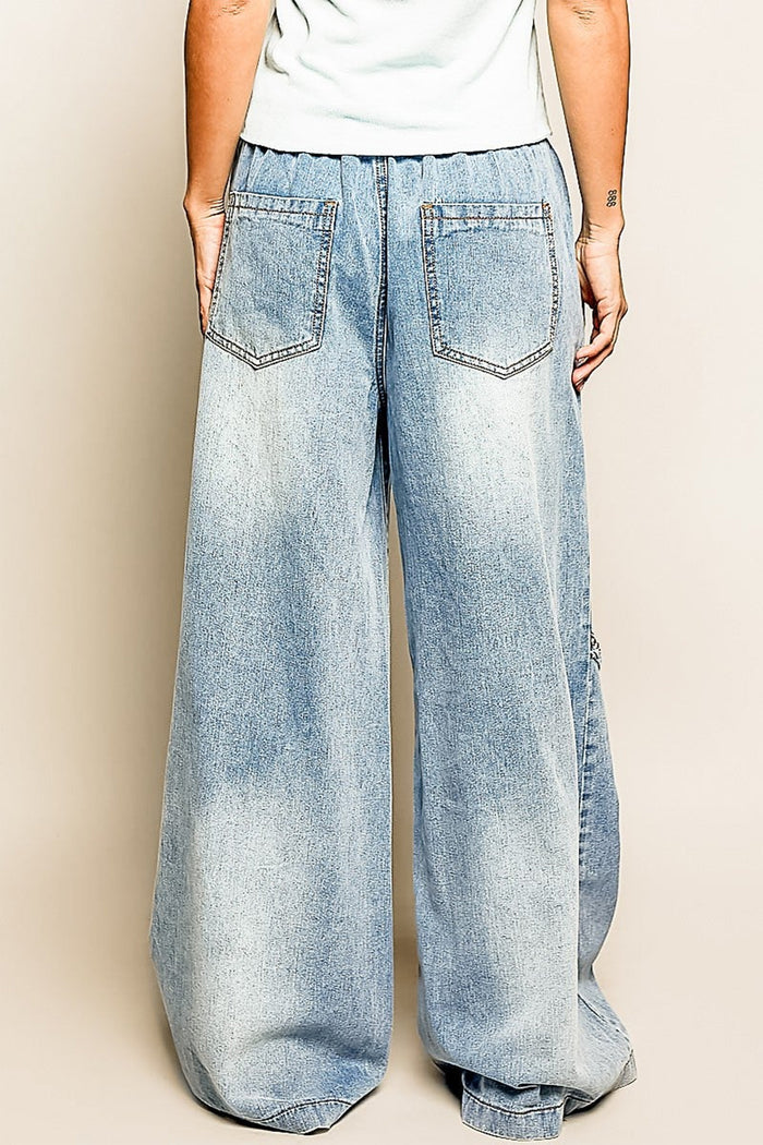Beau Blue Frayed Studded Detail Wide Leg Pocketed Jeans Shewin