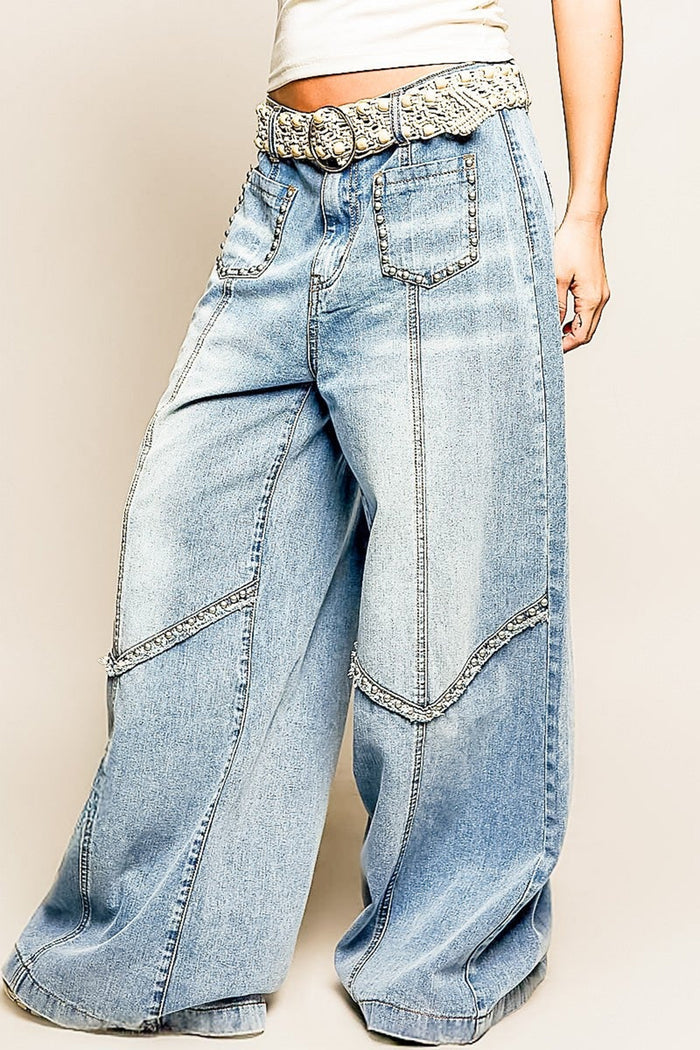 Beau Blue Frayed Studded Detail Wide Leg Pocketed Jeans Shewin