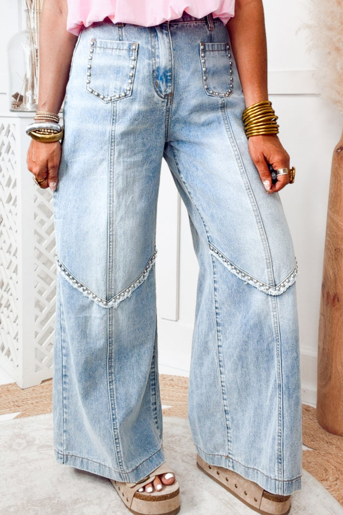 Beau Blue Frayed Studded Detail Wide Leg Pocketed Jeans Shewin