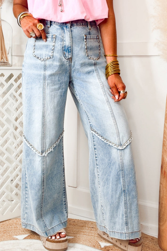 Beau Blue Frayed Studded Detail Wide Leg Pocketed Jeans Shewin