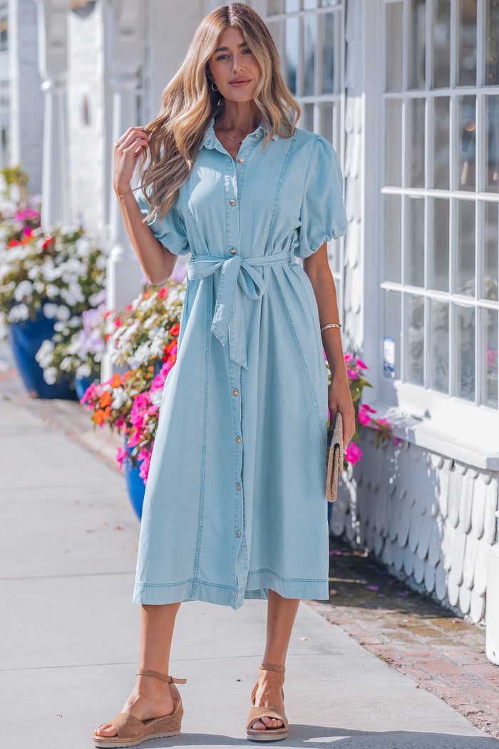 Beau Blue Full Buttons Collared Short Bubble Sleeve Long Denim Dress Shewin