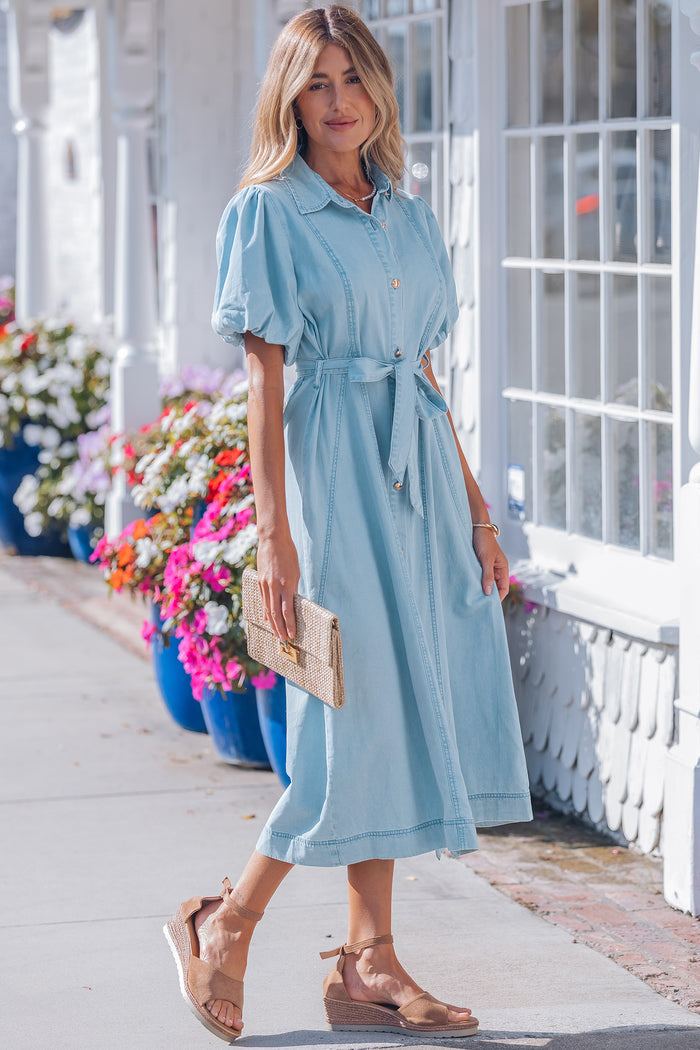 Beau Blue Full Buttons Collared Short Bubble Sleeve Long Denim Dress Shewin