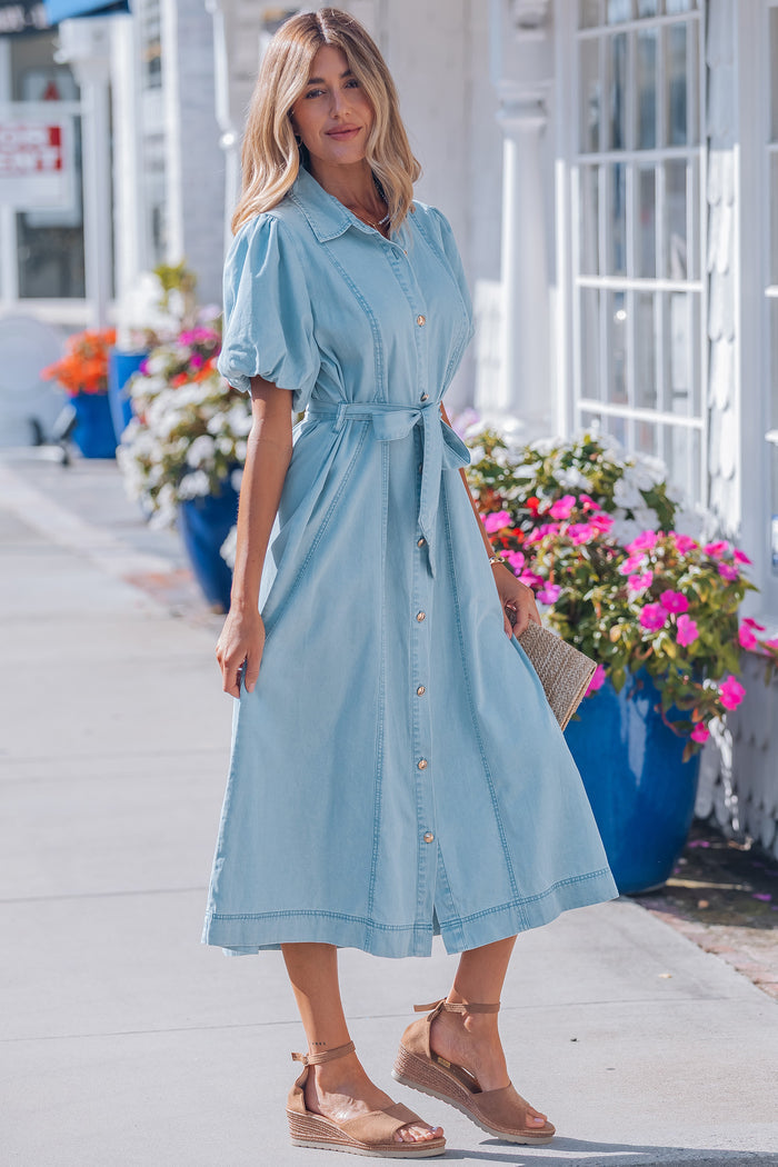 Beau Blue Full Buttons Collared Short Bubble Sleeve Long Denim Dress Shewin