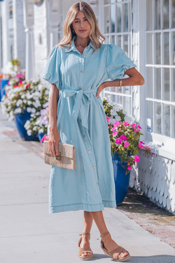 Beau Blue Full Buttons Collared Short Bubble Sleeve Long Denim Dress Shewin