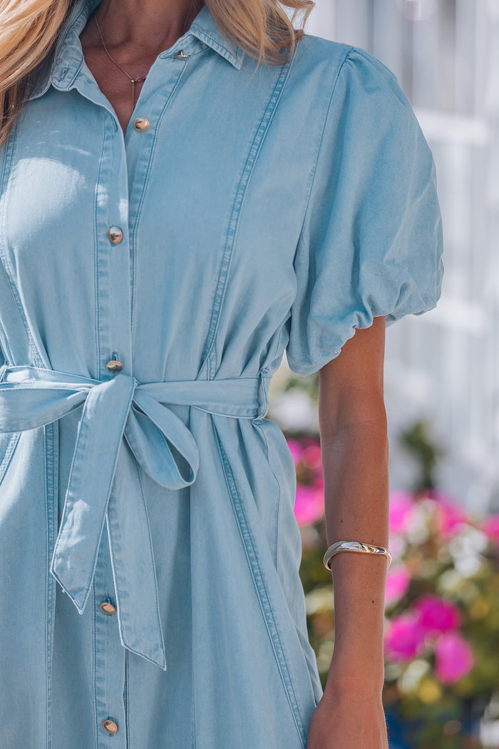 Beau Blue Full Buttons Collared Short Bubble Sleeve Long Denim Dress Shewin