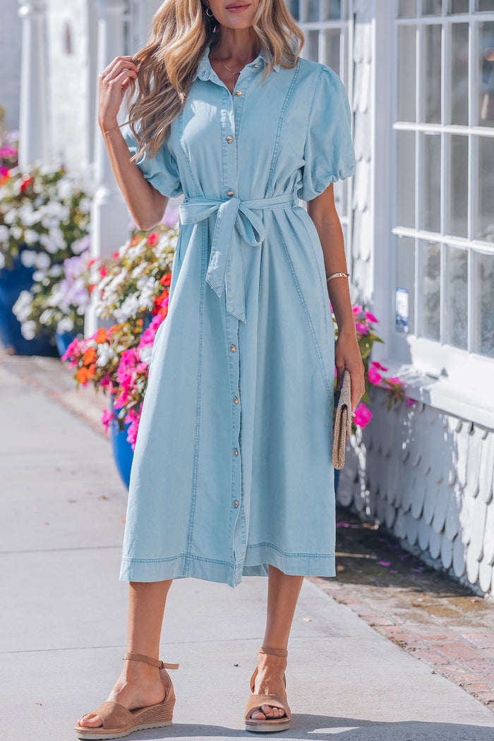 Beau Blue Full Buttons Collared Short Bubble Sleeve Long Denim Dress Shewin