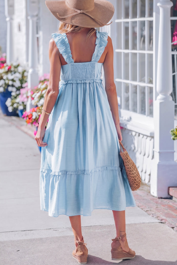 Beau Blue Solid Color Ruffle Trim High Waist Sleeveless Maxi Dress Shewin