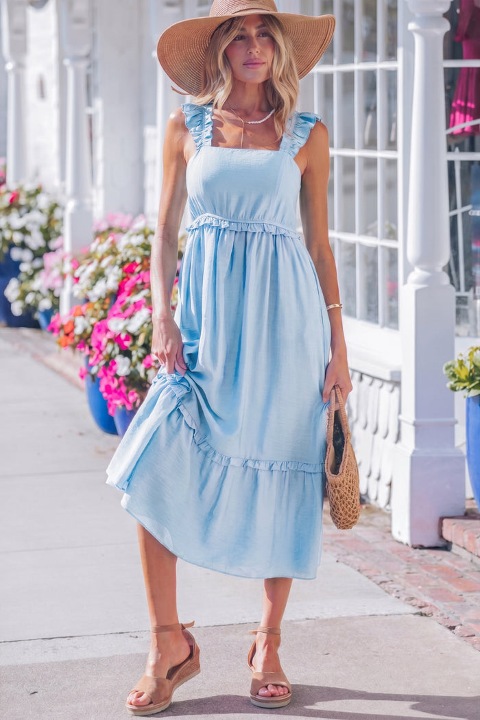 Beau Blue Solid Color Ruffle Trim High Waist Sleeveless Maxi Dress Shewin