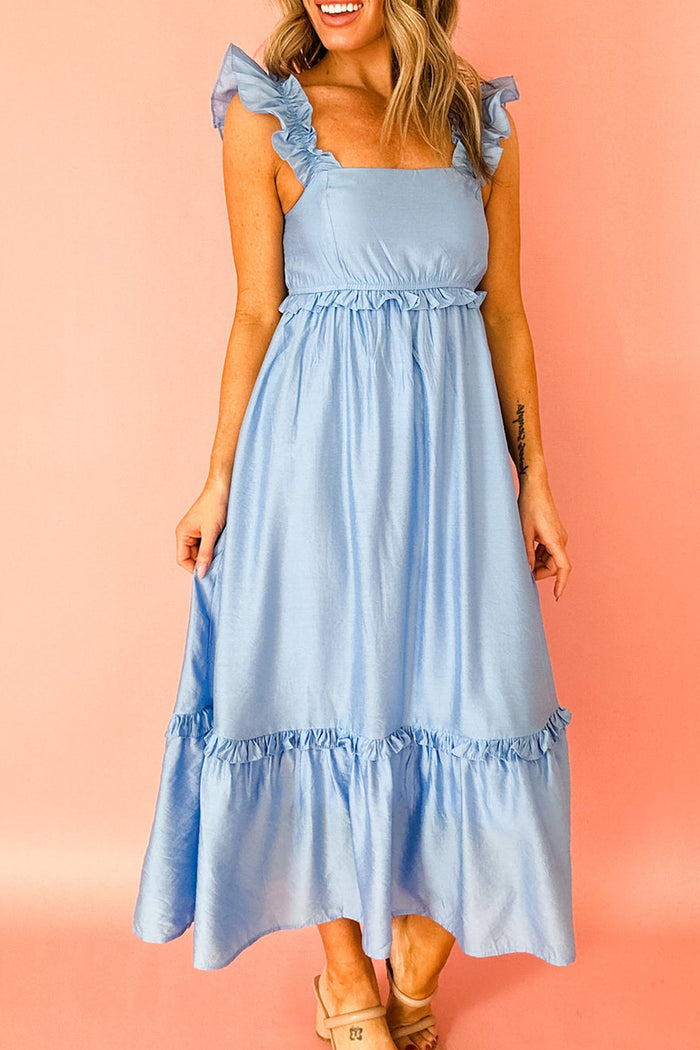 Beau Blue Solid Color Ruffle Trim High Waist Sleeveless Maxi Dress Shewin