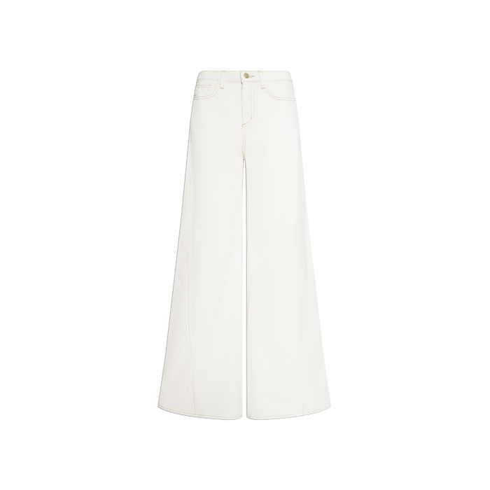 The Beau Wide-Leg Jean is a white, high-waisted style crafted from stretch cotton twill, featuring a wide leg, front and back pockets, and a button closure. It is displayed on a plain white background.