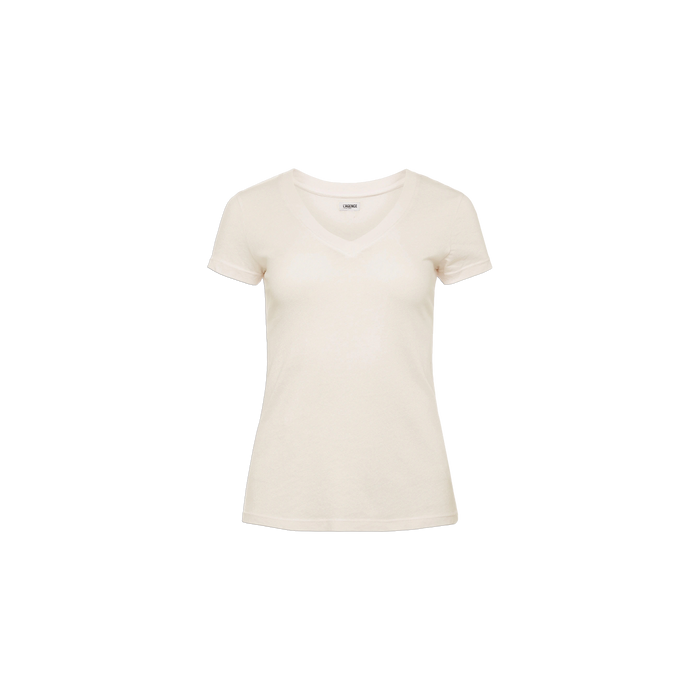 The Becca Cotton V-Neck Tee is a vintage off-white, short-sleeved women’s t-shirt made from 100 cotton, shown on a white background.