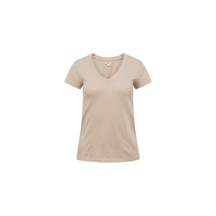 The Becca Cotton V-Neck Tee, featuring a slim fit and V-neckline in plain taupe, is centered on a white background.
