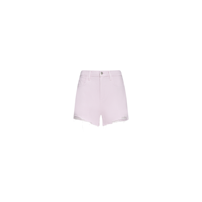 Beck Raw-Hem Jean Short in light pink features a high-rise fit, raw hem, front and back pockets, button closure, and belt loops, crafted from 100 cotton denim and shown on a plain white background.