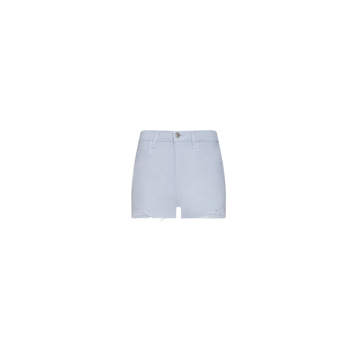 The Beck Raw-Hem Jean Short is crafted from light blue all-cotton denim with a high-rise fit, button and zip closure, belt loops, front and back pockets, and finished with a raw hem, shown against a plain white background.