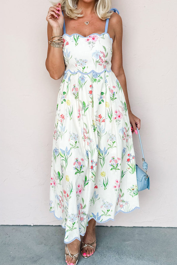 Beige Floral Print Contrast Trim Self-tie Straps High Waist Midi Dress