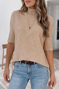 Beige Ribbed Trim High Neck Short Sleeve Casual Sweater Shewin