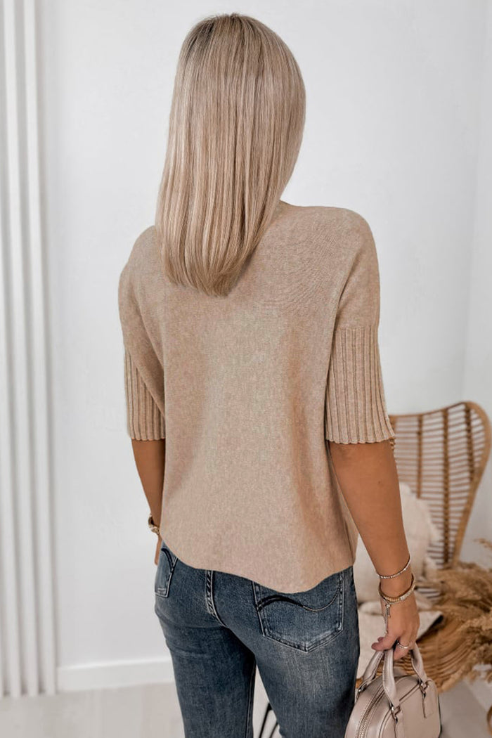 Beige Ribbed Trim High Neck Short Sleeve Casual Sweater Shewin
