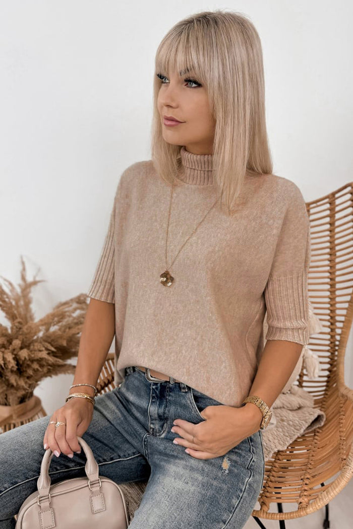 Beige Ribbed Trim High Neck Short Sleeve Casual Sweater Shewin