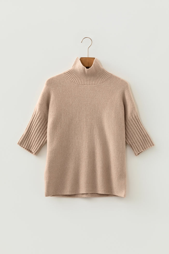 Beige Ribbed Trim High Neck Short Sleeve Casual Sweater Shewin