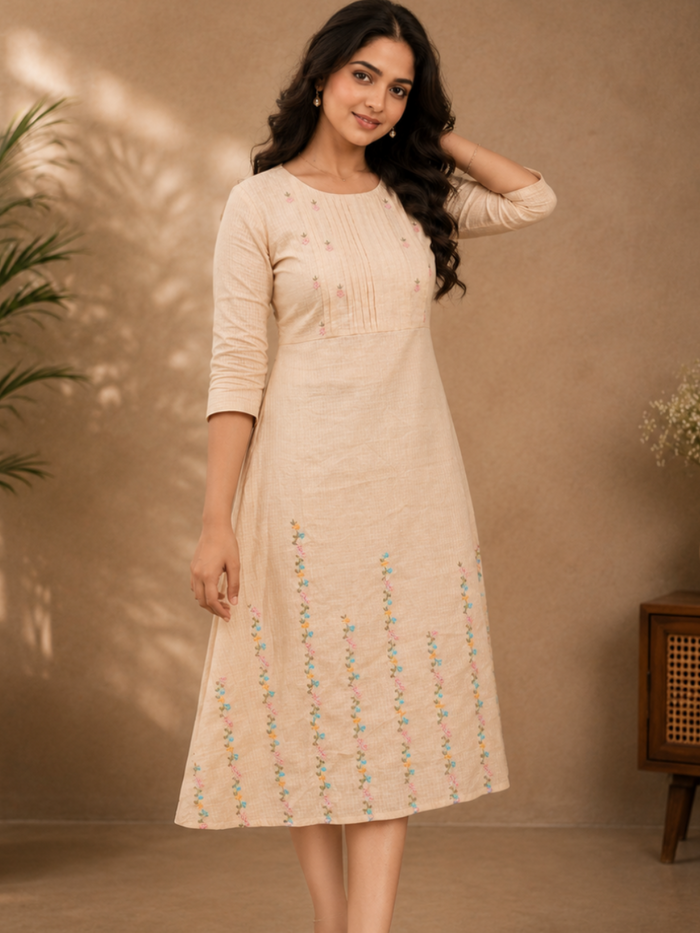 Beige shaded soft cotton kota checks Aline kurti with floral thread embroidered yoke and hemline MBS-1307
