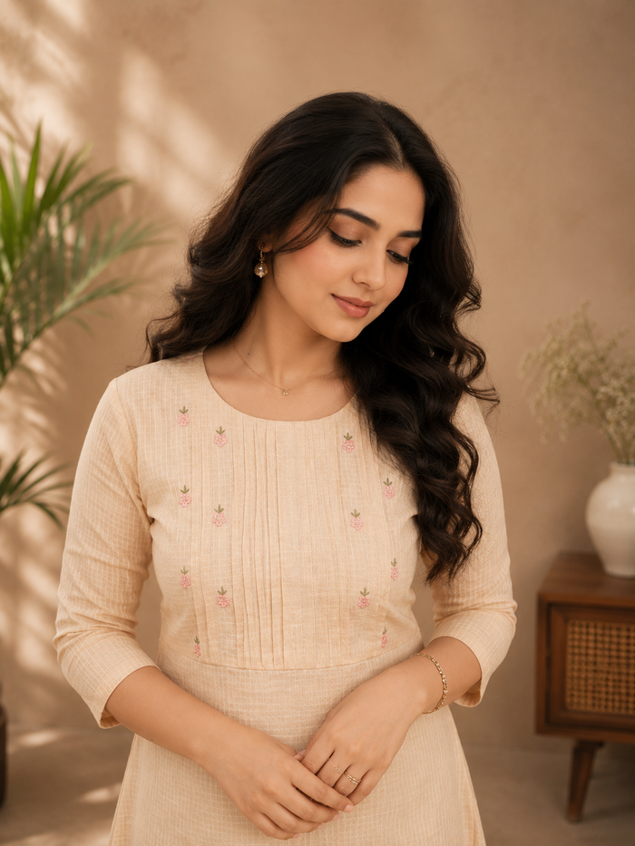 Beige shaded soft cotton kota checks Aline kurti with floral thread embroidered yoke and hemline MBS-1307
