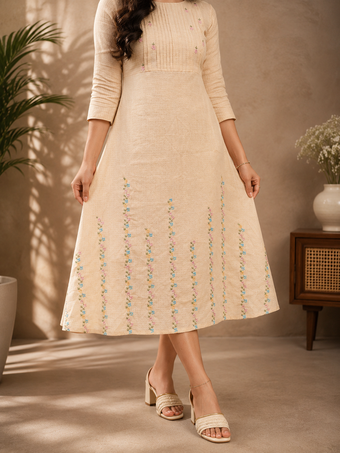 Beige shaded soft cotton kota checks Aline kurti with floral thread embroidered yoke and hemline MBS-1307