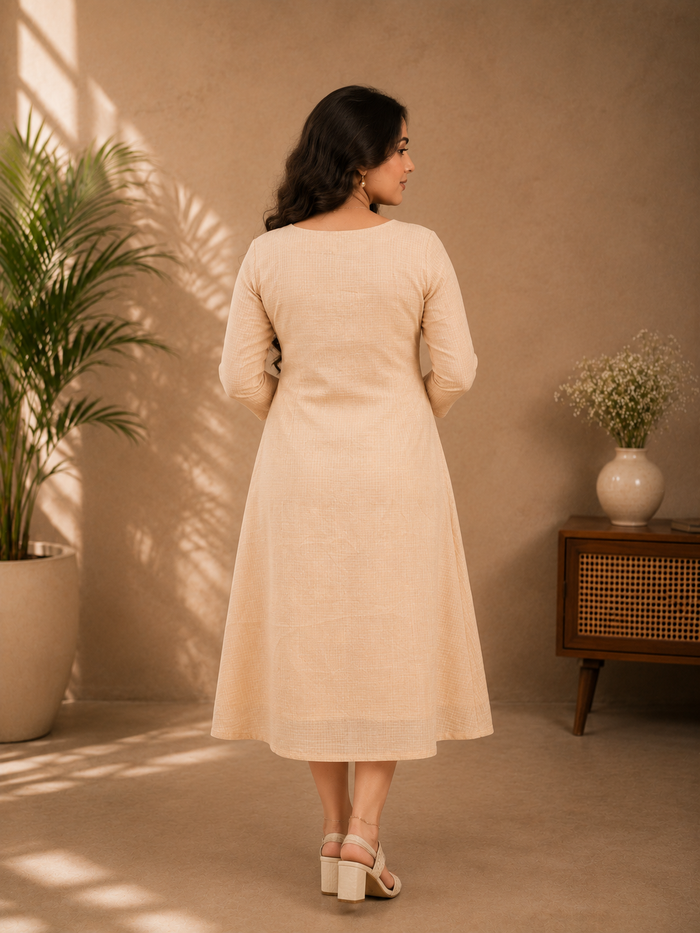 Beige shaded soft cotton kota checks Aline kurti with floral thread embroidered yoke and hemline MBS-1307