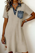 Beige Short Sleeve Ribbed Knit Denim Patchwork Polo Collar Dress Shewin