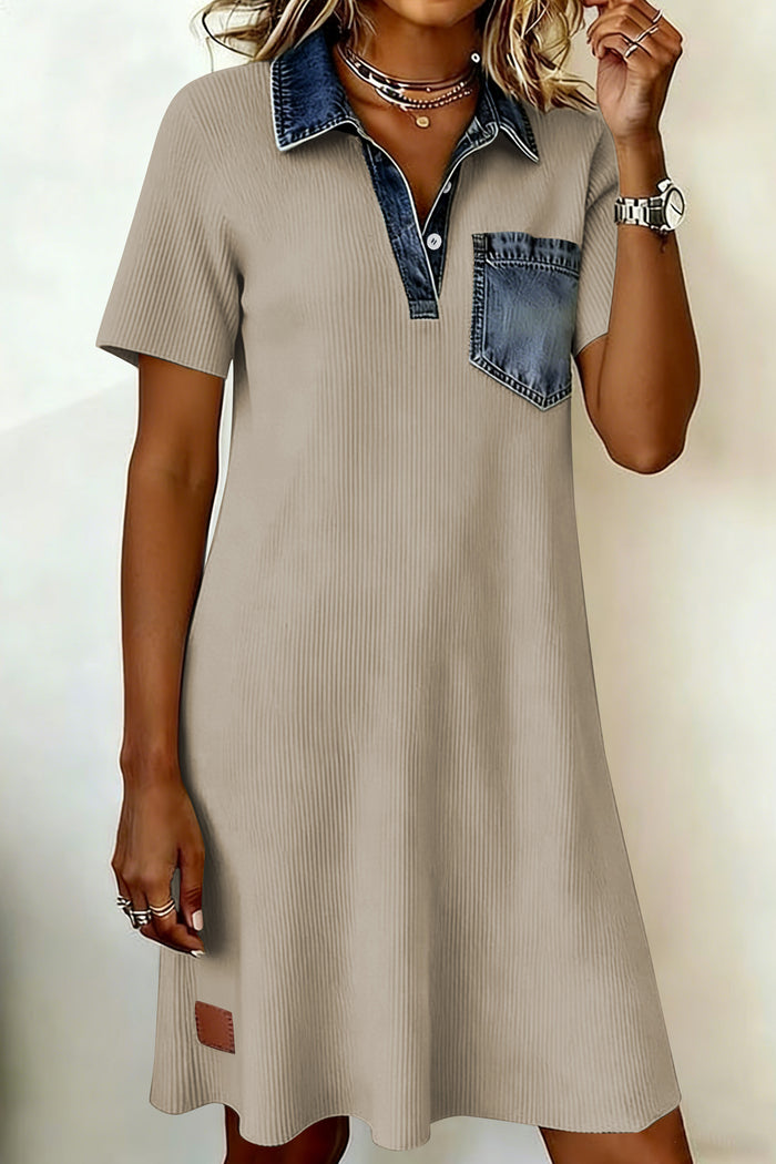 Beige Short Sleeve Ribbed Knit Denim Patchwork Polo Collar Dress Shewin