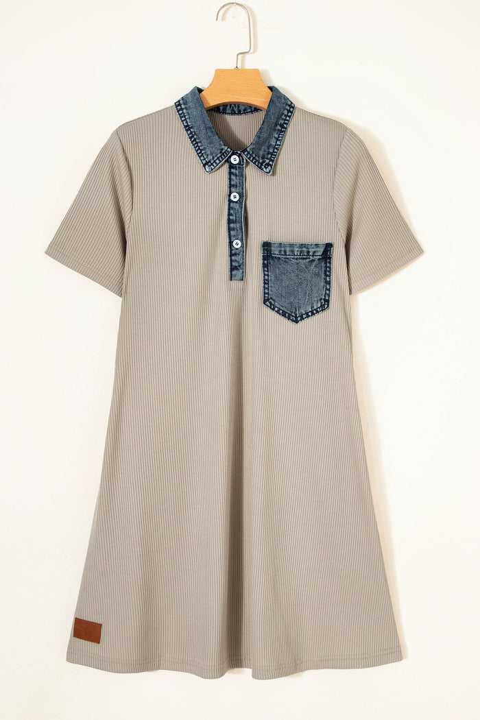 Beige Short Sleeve Ribbed Knit Denim Patchwork Polo Collar Dress Shewin