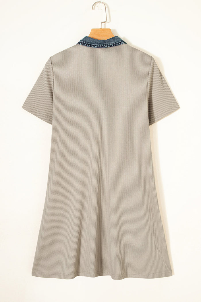 Beige Short Sleeve Ribbed Knit Denim Patchwork Polo Collar Dress Shewin
