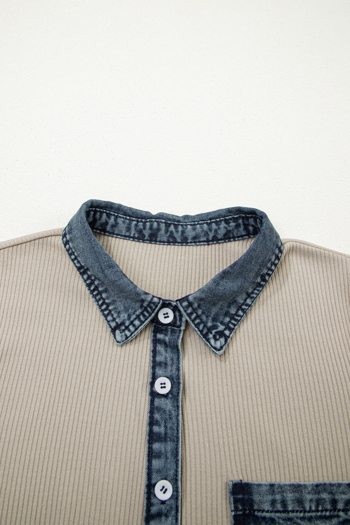 Beige Short Sleeve Ribbed Knit Denim Patchwork Polo Collar Dress Shewin